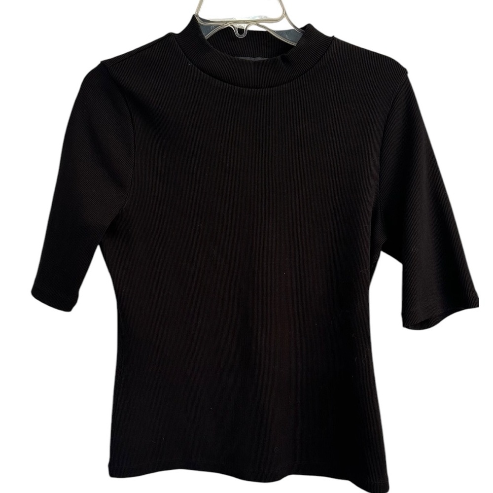 Maeve Turtle Neck 3/4 Sleeve Black Ribbed Top Sz Medium Preppy Edgy Lagenlook